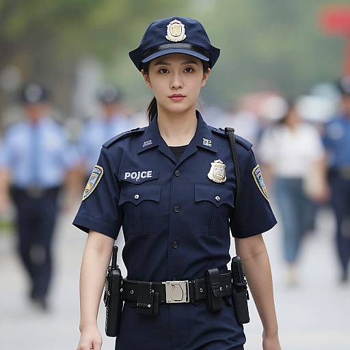 Photograph of an Asian female police officer in a navy uniform, hat, and belt, standing on a blurred street with other officers in the background.