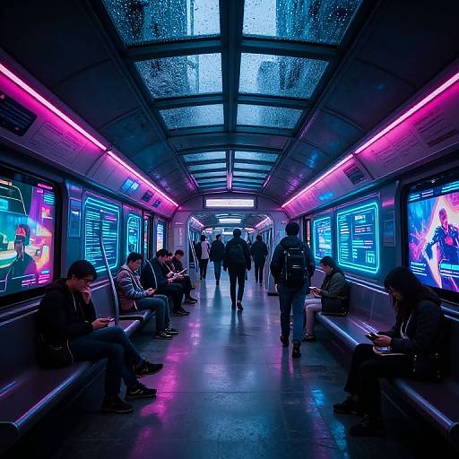 Photograph of a neon-lit subway car at night; passengers sit and walk under glowing pink and blue LED lights, with digital advertisements on both sides