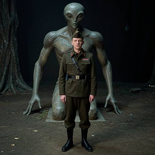 Man with Military Hat & Alien Statue