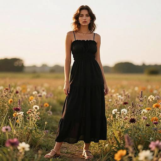 Photograph of a woman with wavy brown hair in a black sundress standing in a sunlit meadow filled with colorful wildflowers.
