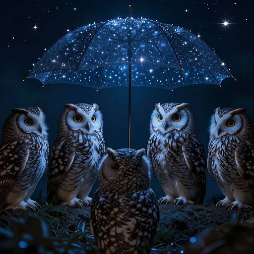 Photograph of five owls with speckled feathers under a glowing, starry blue umbrella, surrounded by a dark, starry night sky.