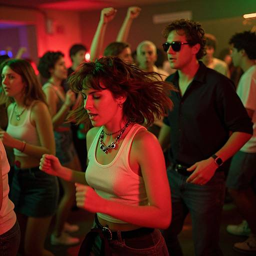 Photograph of a lively dance party with red and green lighting. A brown-haired woman in a white tank top and necklace leads the crowd, while a