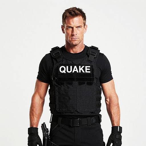 Photograph of a muscular, light-skinned man with short brown hair, wearing a black 