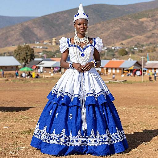 Photograph of a smiling African woman in a vibrant blue and white traditional dress with intricate patterns, standing in a rural, mountainous village with scattered houses