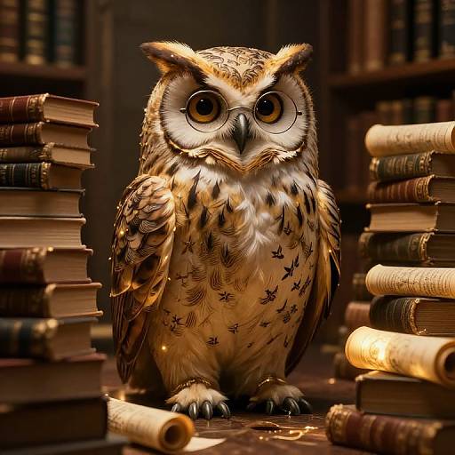 Digital illustration of a realistic, wide-eyed owl with brown and white feathers, standing among stacked, vintage books in a dimly lit library.