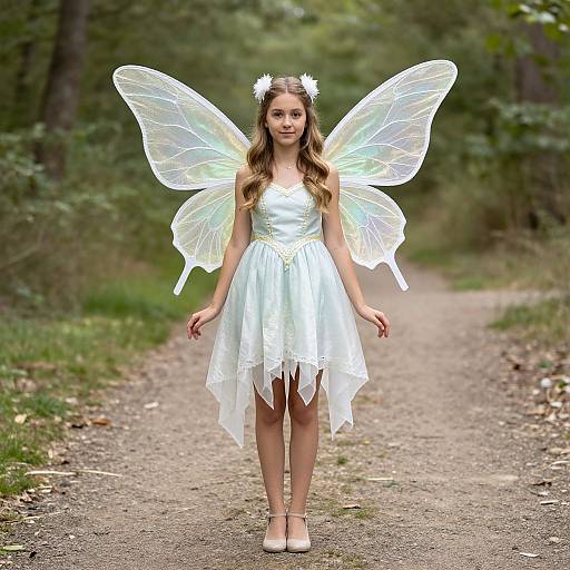 Photograph of a young girl with long brown hair, wearing a white fairy dress and translucent, iridescent wings, standing on a forest path.