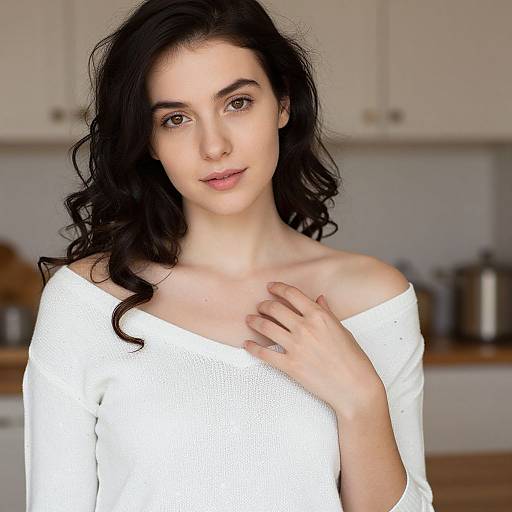 Photograph of a pale-skinned, dark-haired woman with wavy hair, wearing an off-shoulder white top, standing in a modern kitchen
