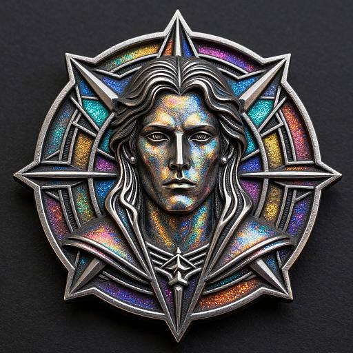 Metallic, multi-colored, star-shaped brooch featuring a serene, stylized, ancient Greek-inspired face with flowing hair, set against a dark background