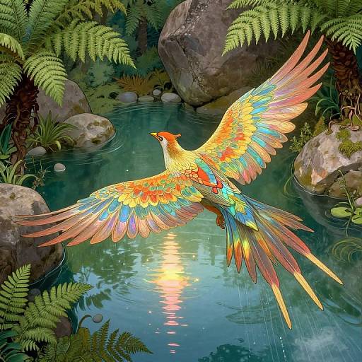 Vibrant digital painting of a multicolored bird with rainbow wings gliding above a serene, green-leafed pond surrounded by rocks.