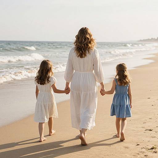 Photograph of a woman in a white dress holding hands with two young girls, one in white and one in blue, walking on a sunlit beach
