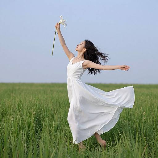 Photograph of a young Asian woman with long black hair, wearing a flowing white dress, dancing in a green field, holding a white flower, arms