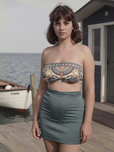 Photograph of a young woman with short brown hair, wearing a patterned tube top and teal mini skirt, standing on a wooden dock with a lake