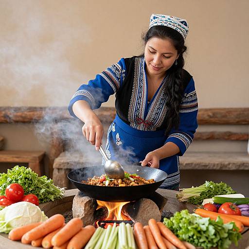 Traditional Cooking Woman by Fireplace