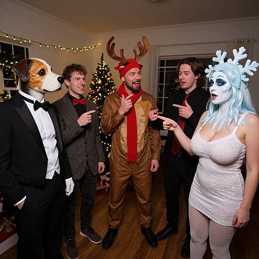 Photograph of five friends in festive Halloween costumes: dog mask, reindeer suit, white dress with antlers mask, two in black suits, standing