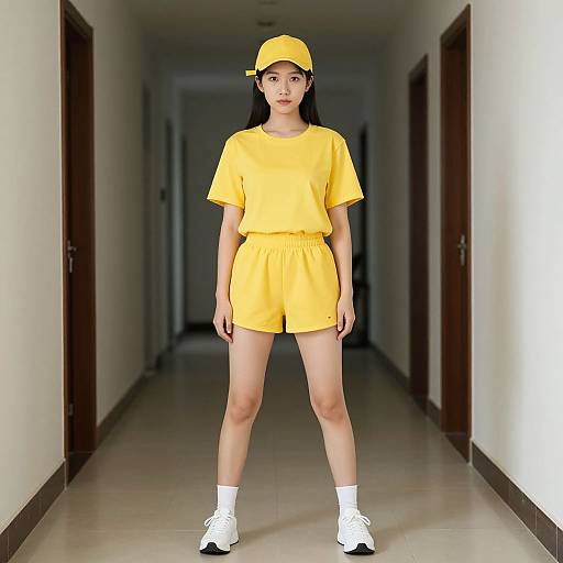 Photograph of an Asian woman in a yellow baseball cap, yellow T-shirt, and shorts, standing in a long, dimly lit hallway. She