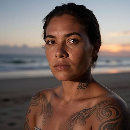Photograph of a tattooed woman with dark hair, wet skin, and intense gaze, standing on a beach at sunset. Tattoos on shoulders,