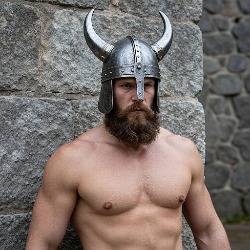 Photograph of a muscular, bearded man with a silver Viking helmet, standing against a stone wall, shirtless, showcasing his defined chest and arms