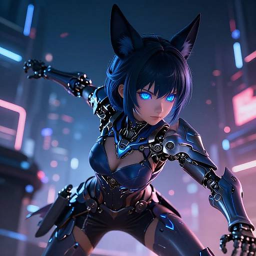 Digital anime artwork of a blue-eyed, black-haired catgirl with robotic armor and glowing eyes, posing dynamically in a neon-lit futuristic cityscape.