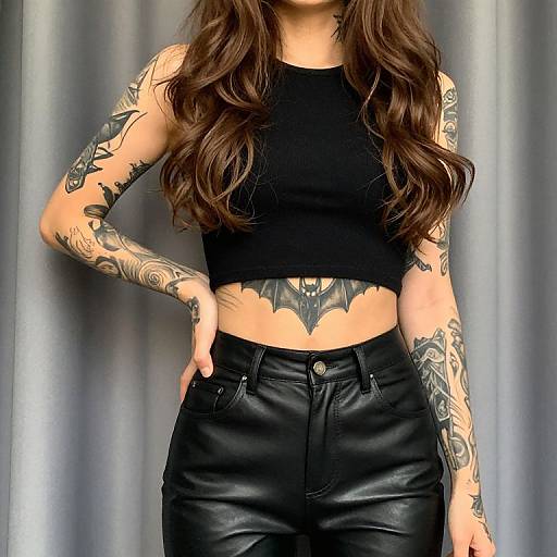 Photograph of a tattooed woman with long brown hair, wearing a black crop top and leather pants, standing against a gray curtain.