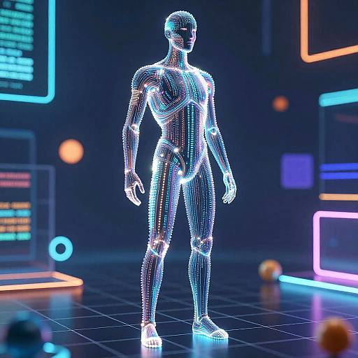 Neon-lit, wireframe male figure stands in futuristic, digital environment with glowing blue and orange neon lights, grid floor, and technology panels.