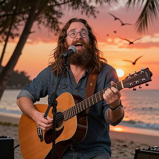 Bearded Man Singing on Sunset Beach