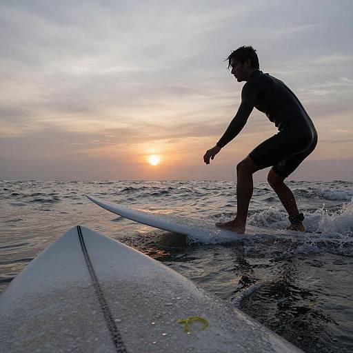 Silhouette Surfer Riding Waves at Sunset