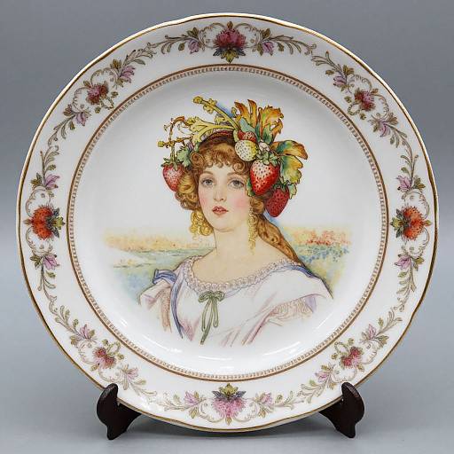 Photograph of an ornate porcelain plate featuring a detailed, Victorian-style painting of a woman with curly hair, strawberry and fruit headdress, wearing a