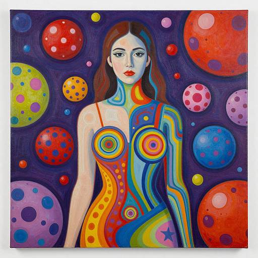 Vibrant digital painting of a fair-skinned woman with long brown hair, wearing a colorful, abstract bodysuit, surrounded by multicolored
