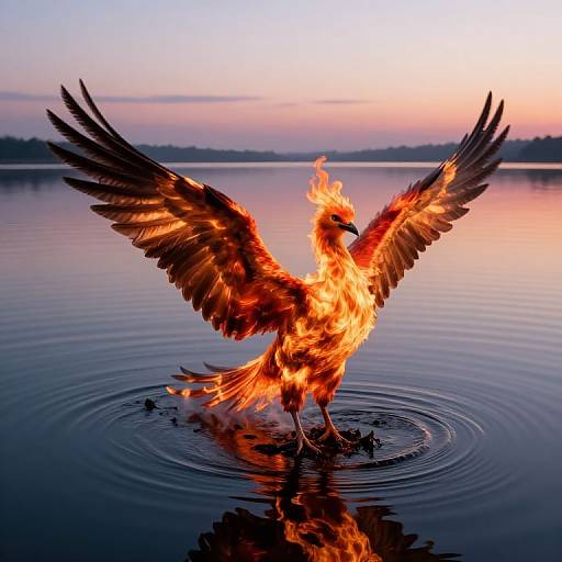 Photograph of a fiery phoenix with outstretched wings standing on calm water at sunset, reflecting in the still surface.