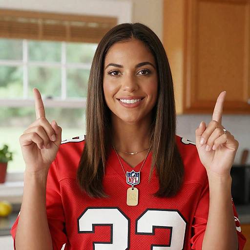 Smiling Woman in NFL Jersey in Kitchen