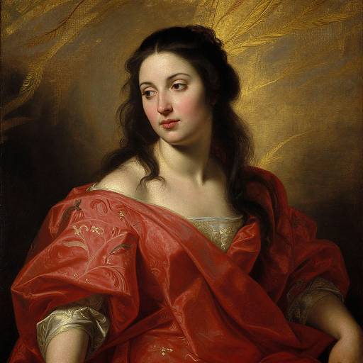 Baroque-style portrait of a fair-skinned woman with long, dark hair, wearing an off-shoulder red gown with gold embroidery, against a