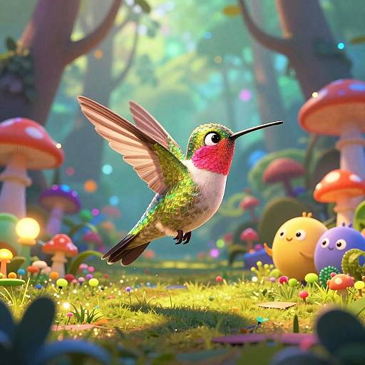 Bright Hummingbird in Psychedelic Forest