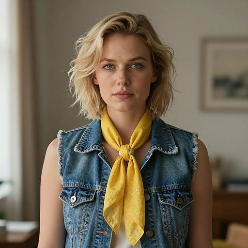 Blonde Woman in Denim Vest and Scarf