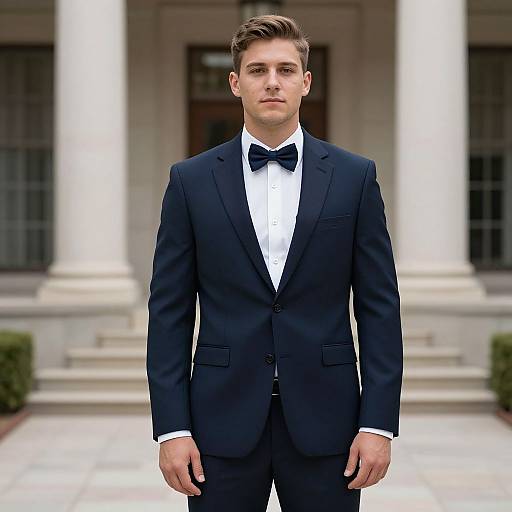 Photograph of a young, handsome Caucasian man with short brown hair, wearing a black tuxedo with a white shirt and black bow tie, standing