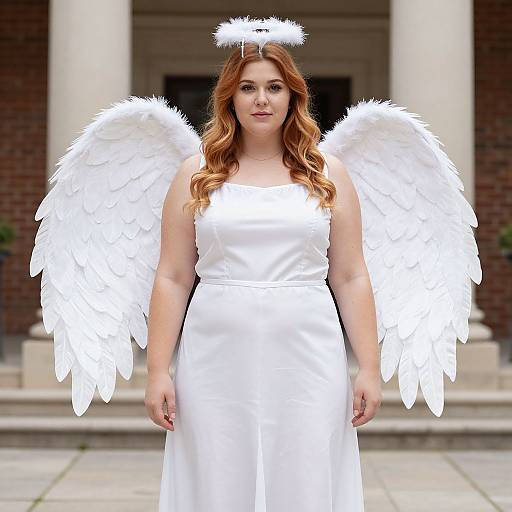 Photograph of a red-haired woman with white angel wings and halo, wearing a white strapless dress, standing in front of a brick building with columns
