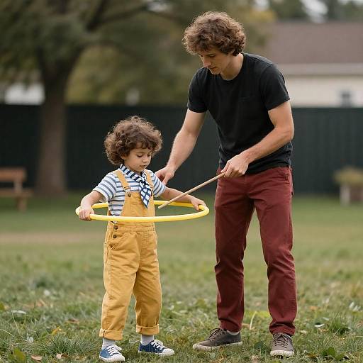 Man Teaching Child to Hula Hoop