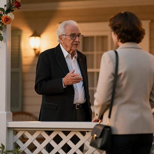 Elderly Man Gesturing to Woman on Porch