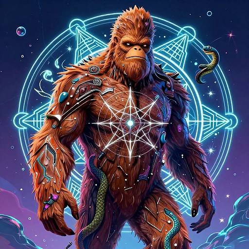 Digital illustration of a muscular, brown-furred, anthropomorphic ape with glowing magical symbols on his chest and arms, standing against a neon blue, star