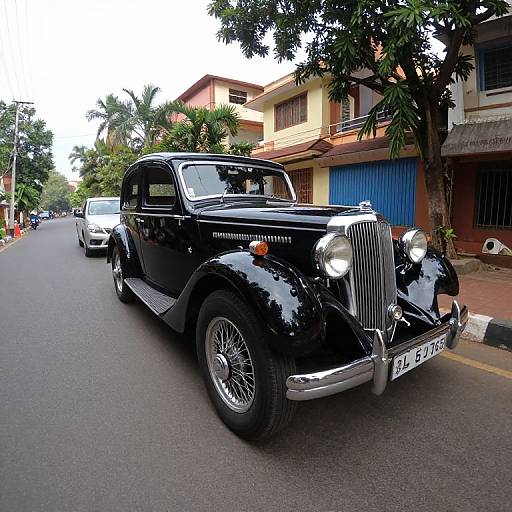 Photograph of a vintage black Chevrolet sedan parked on a quiet, tree-lined street with colorful buildings and a white car in the background.