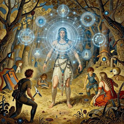 Digital art: Enchanted forest scene with a glowing, blue-hued, white-clad woman at center, surrounded by floating blue orbs and people
