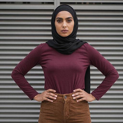 Photograph of a confident, dark-skinned woman with a black hijab, wearing a maroon long-sleeve top and brown corduroy