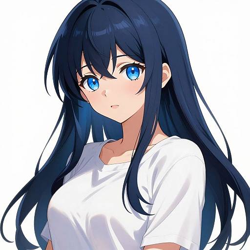 Anime-style digital drawing of a young woman with long, dark blue hair, bright blue eyes, and a white shirt, looking slightly to the side.