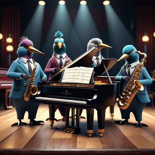 Birds Jam in Vintage Jazz Club Scene Birds Jam in Vintage Jazz Club Scene