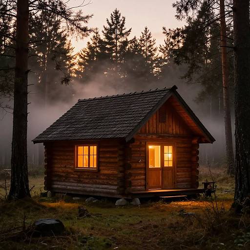 Photograph of a wooden cabin with glowing windows, set in a misty forest at dusk, surrounded by tall pine trees.