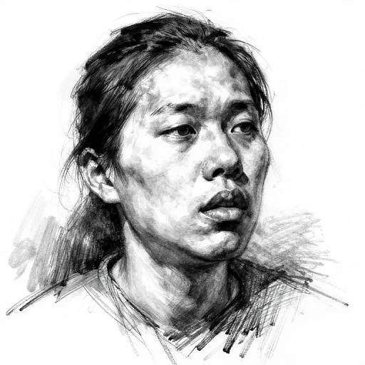 Black and white digital sketch of an Asian woman with long hair, slightly parted lips, and intense expression, using bold, textured strokes.