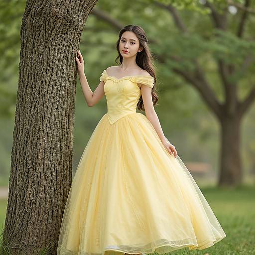 Photograph of a young woman with long dark hair, wearing an off-shoulder, yellow ball gown, standing beside a tree in a lush green