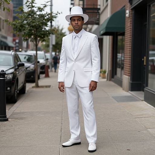Photograph of a young Black man in a white suit, white hat, and white shoes, standing confidently on a city sidewalk.
