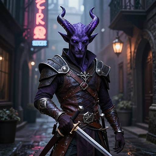 Digital artwork of a purple-skinned, horned demon warrior in dark medieval armor with a sword, standing in a foggy, neon-lit alley