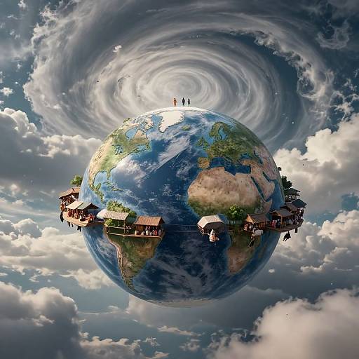 Digital artwork of a surreal, floating Earth with small wooden houses and three tiny figures standing on top, surrounded by swirling clouds.