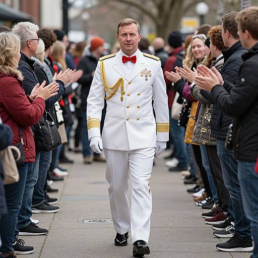 Photograph of a white-haired man in a white naval uniform with gold epaulettes, red bowtie, and gold chain, walking down a